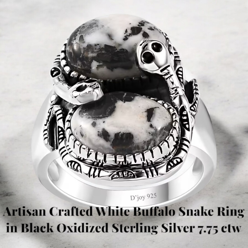 Artisan White Buffalo Snake Ring in Black Oxidized Sterling Silver